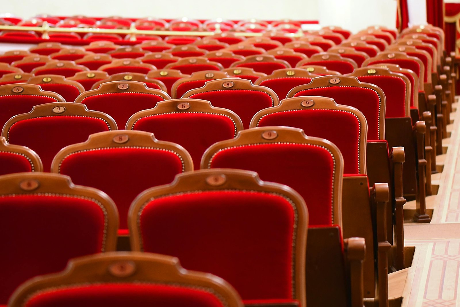 A view of red velvet chairs in an elegant auditorium, showcasing neat rows and a classic theater design.